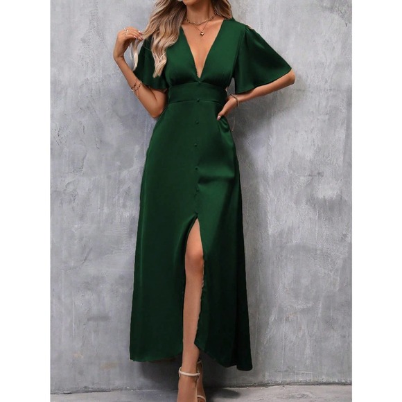 Plunging Neck Butterfly Sleeve Split Thigh Satin maxi Dress navy blue - Picture 10 of 12